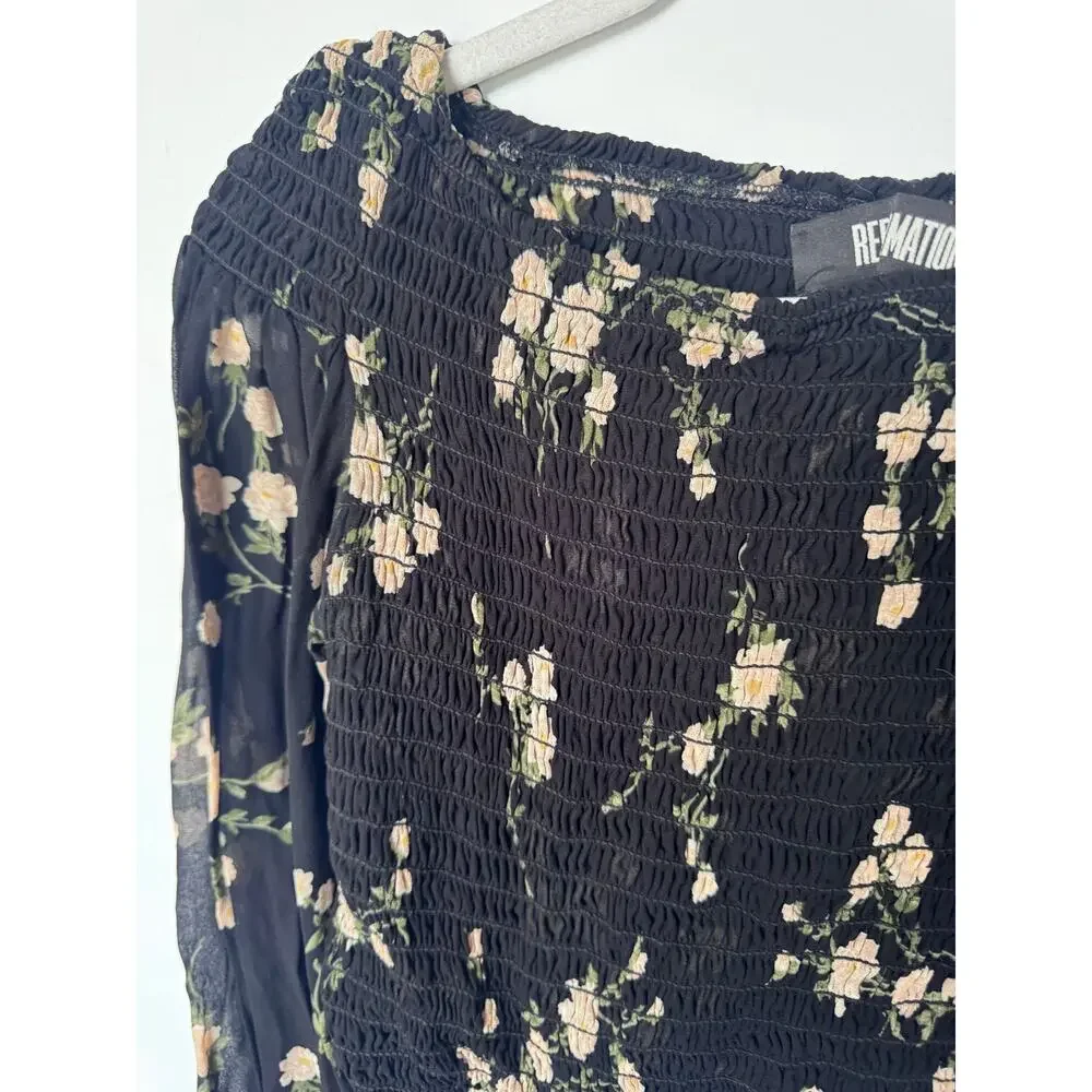 Reformation Milan Smocked Crop Top blouse Black Floral medium smocked romantic